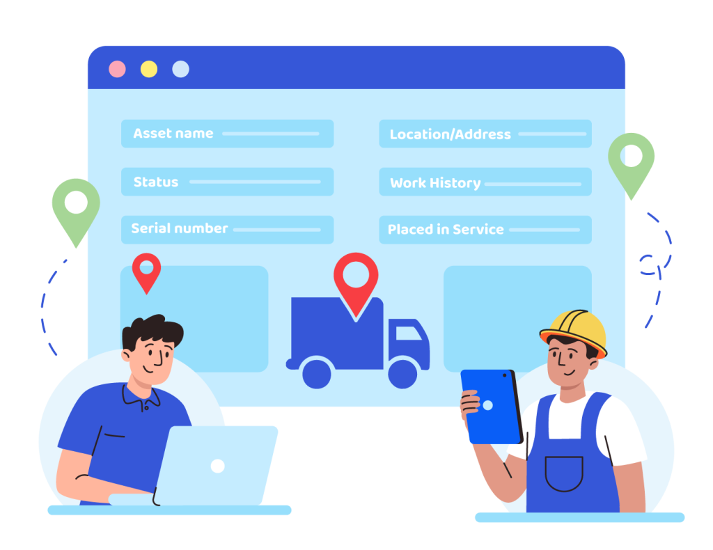 Field technician and office dispatcher connected through a digital asset dashboard